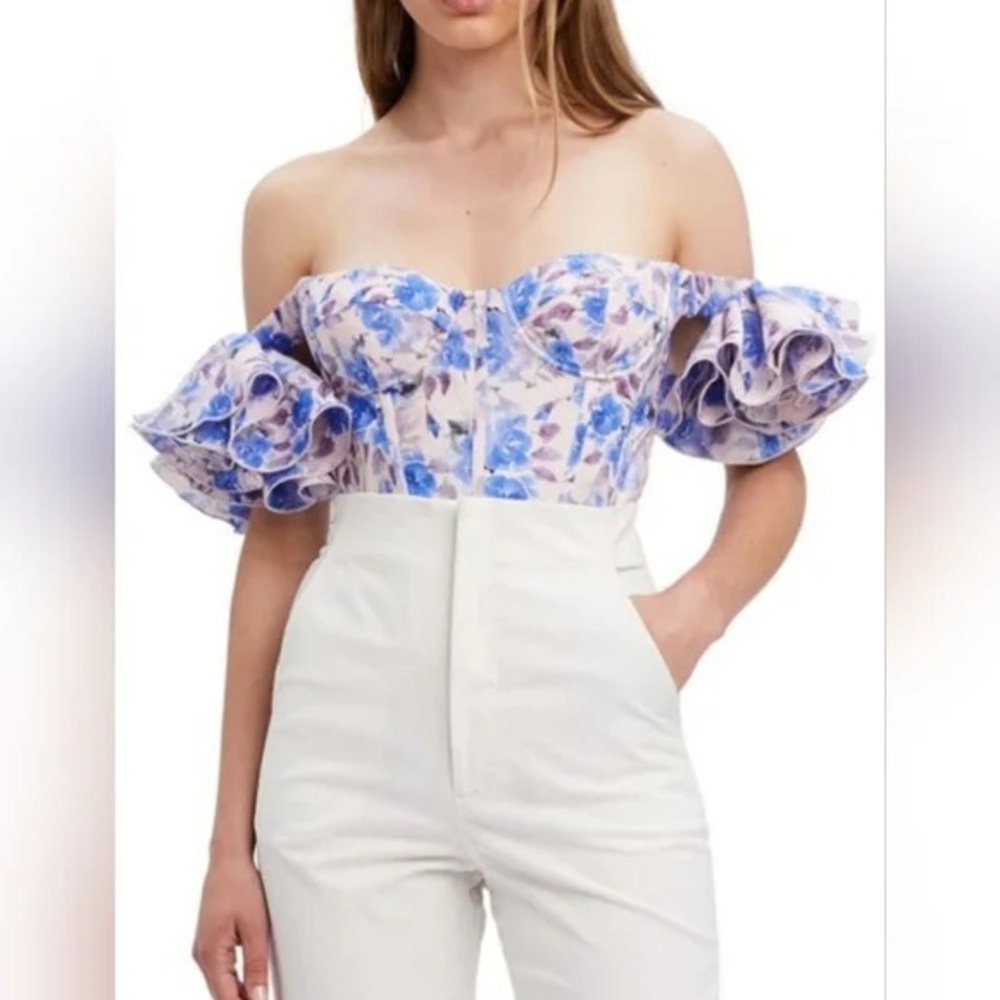 Bardot Off-Shoulder Floral Crop Top in Blue and Cream